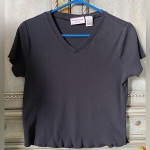 Black t-shirt; 100% cotton with shirt v neck and cap sleeves